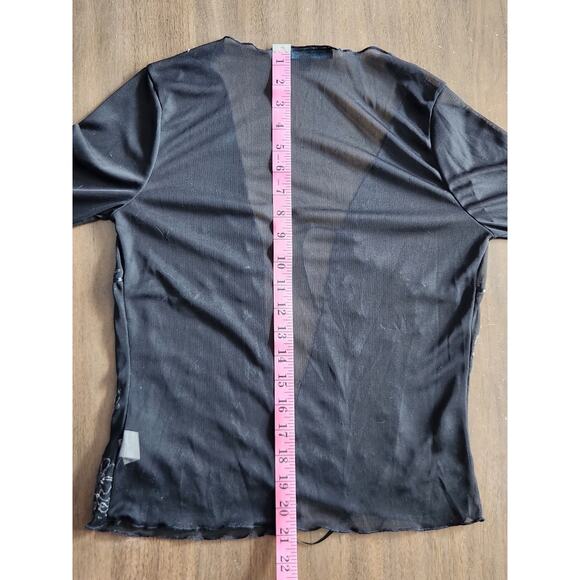 To The Moon Vtg Y2K Sheer Mesh Tie Up Overlay Top Black Glitter Flowers Size M - Picture 8 of 10